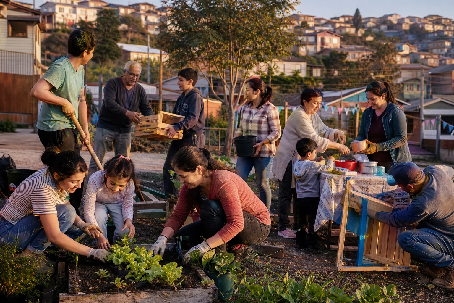 Vecinas y vecinos construyendo comunidad en un huerto barrial